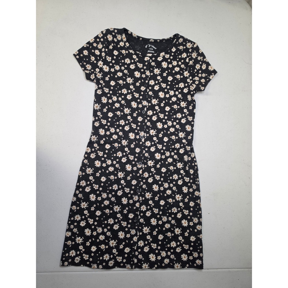 Art Class Girls Black Daisy Floral Ribbed Button Front Dress Size L 10/12